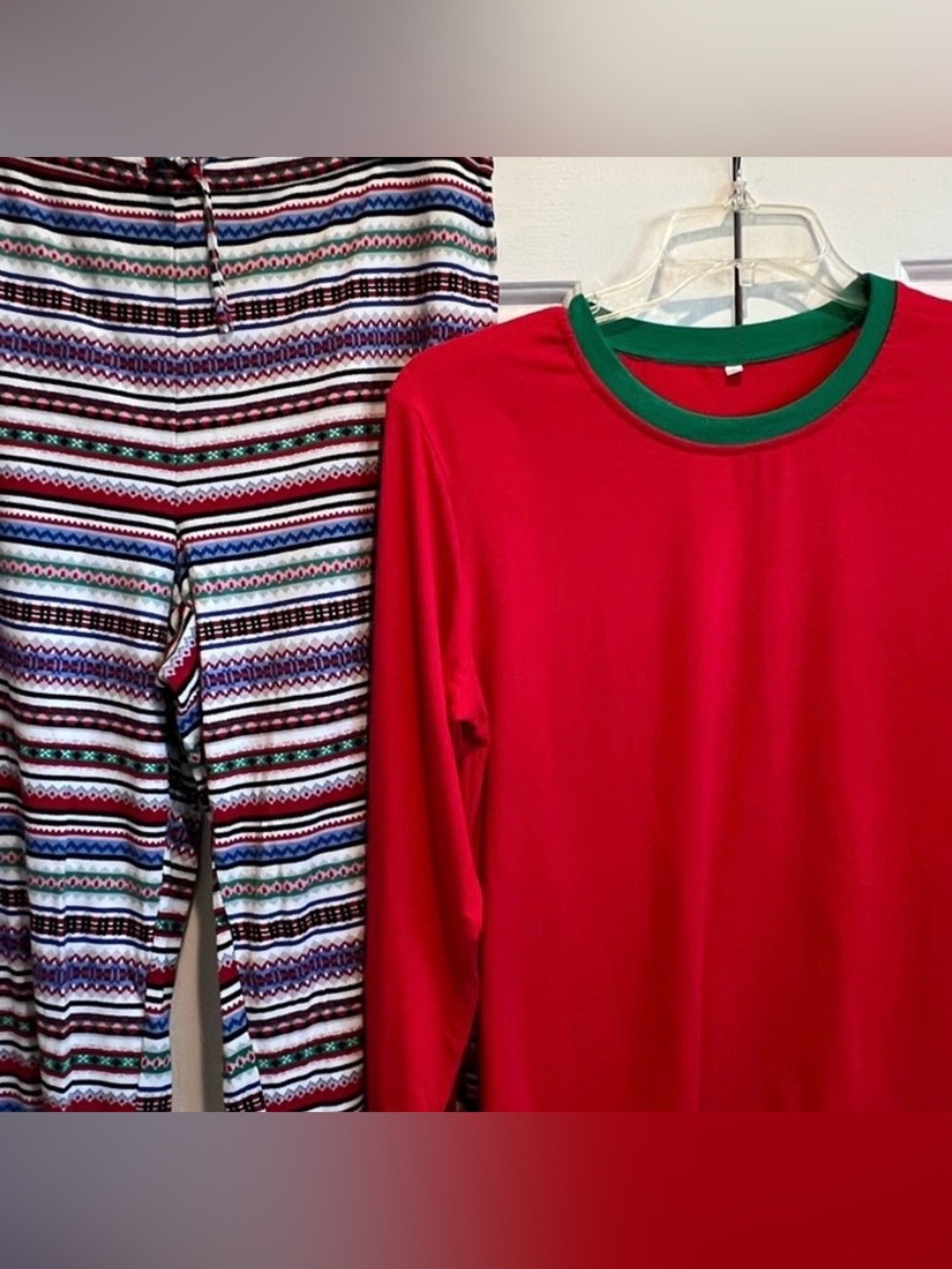 2 Pc Pj Set 🎄Festive Red Long-Sleeve Top w 💚 Trim & Colorful Striped Pants